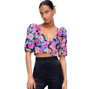 💙Zara Floral Puff Sleeve Crop Top - Black, Pink, Purple, Green☆